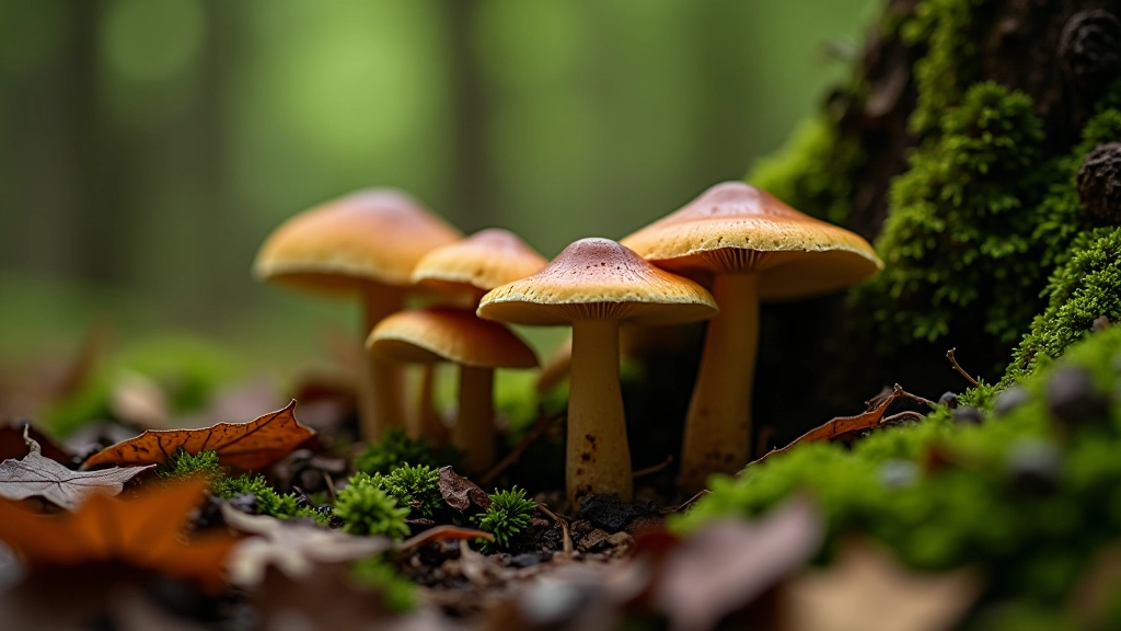 Žvakidės žemėje šalia medžio šaknų, rudens lapų ir samanos padengti šlapios kelio