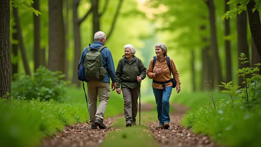 Grupė seniorų žygiuoja per mišką su vedliu, šypsasi ir mėgaujasi gamta, dieną