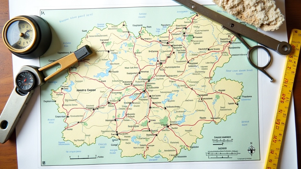Detalus topografinis žemėlapis su spalvotomis linijomis, kompasas ir žiūronai, nukreipta nuo viršaus, kontrastingas apšvietimas