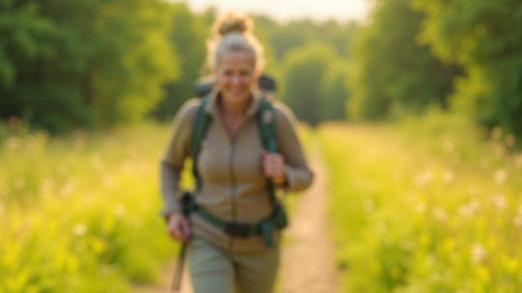 Hikerės nosi lėtai šviežioje pievoje, perimą šviesą, gamta fone, vidurdienis